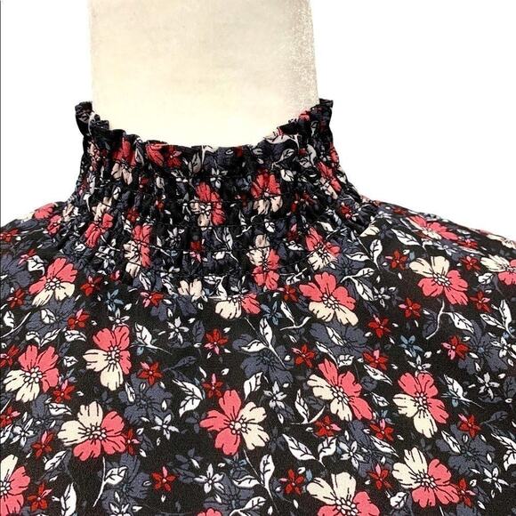 NWT Nanette Lepore Black Pink Ditsy Floral Smocked Neck Midi Dress 8 Hi-Low Hem - Picture 6 of 13